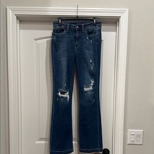 Judy Blue Distressed Flare Jeans - Dark Blue